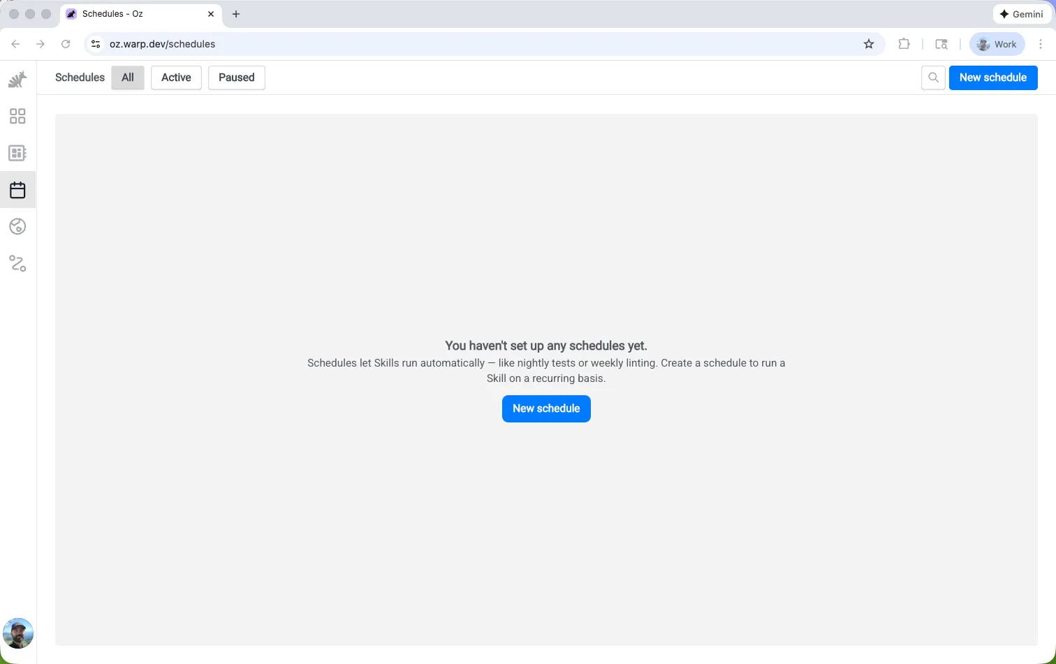 The Schedules page in the Oz web app.